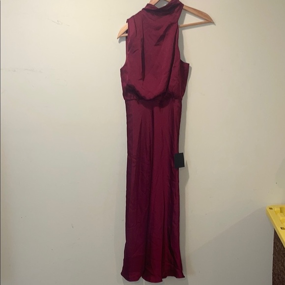 Womens New Lulu's Distinctive Charm Burgundy Satin Asymmetrical Midi Dress - Picture 4 of 9